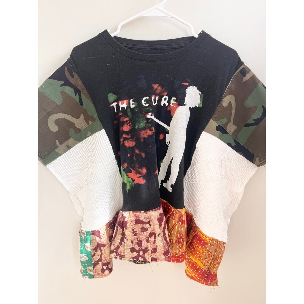 Upcycled band t shirt the cure with Kantha and camo